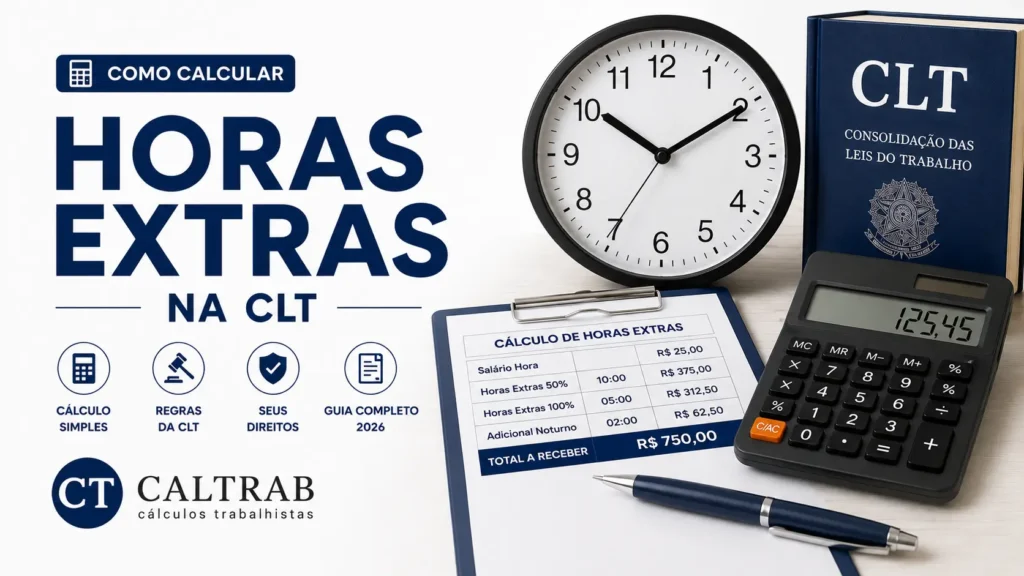 Cálculo de horas extras na CLT com relógio, calculadora e tabela trabalhista CALTRAB