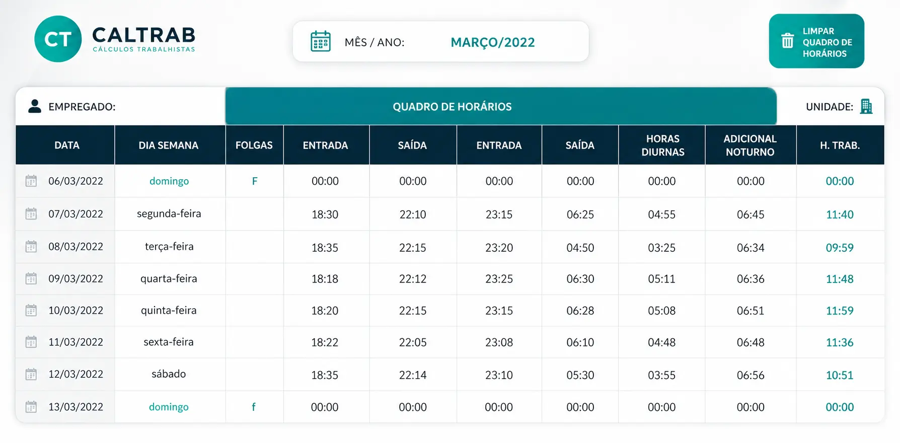 Exemplo de cálculo da jornada noturna sem aplicação da Súmula 60 do TST