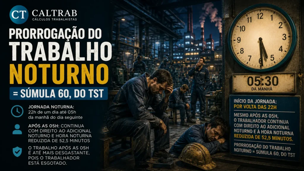 "Prorrogação do Trabalho Noturno - Súmula 60 do TST. Infofográfico sobre direitos trabalhistas com período noturno 22h-5h e hora reduzida de 52,5 minutos."