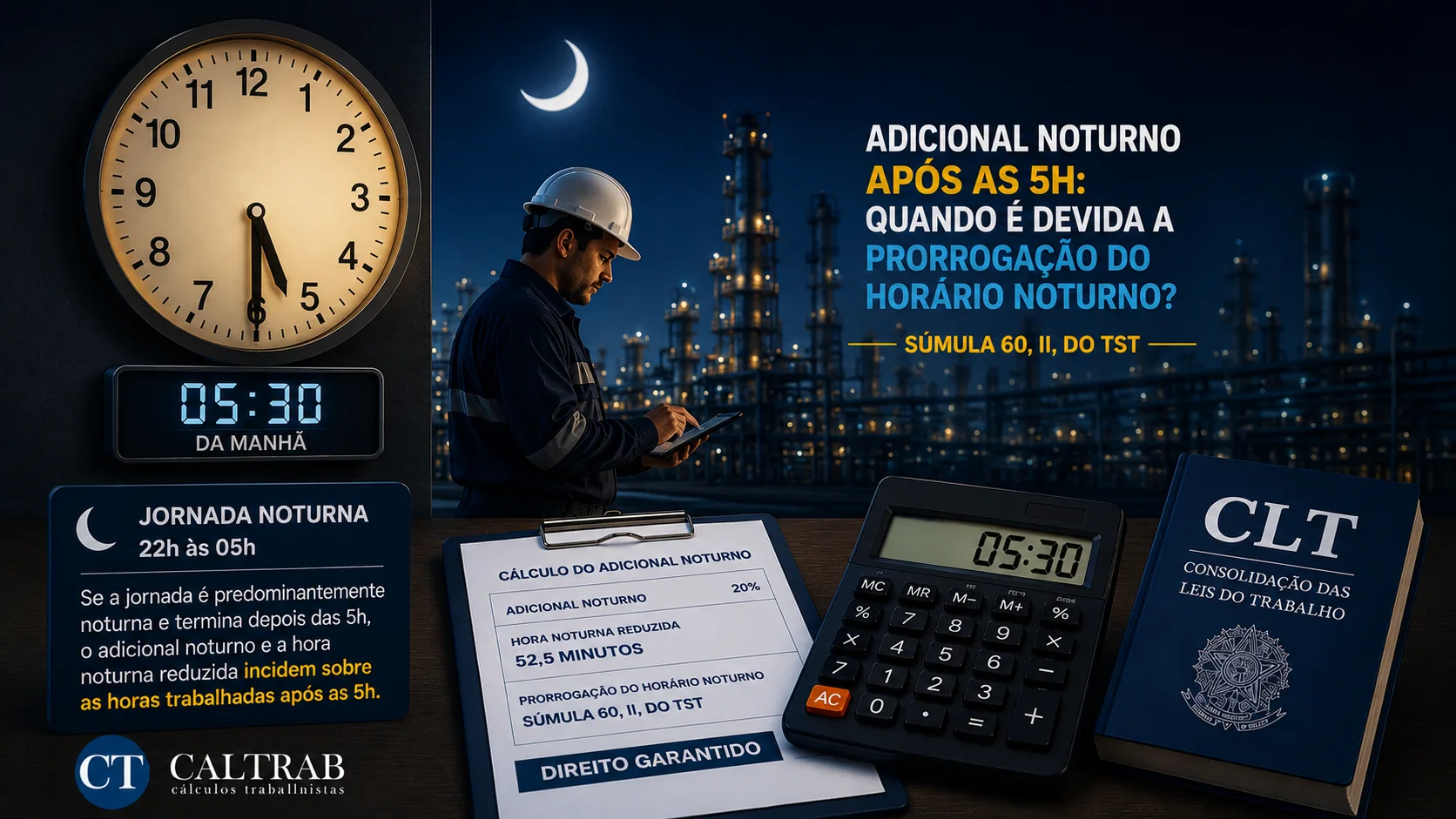 Adicional noturno após as 5h da manhã conforme Súmula 60 do TST e prorrogação do horário noturno CALTRAB