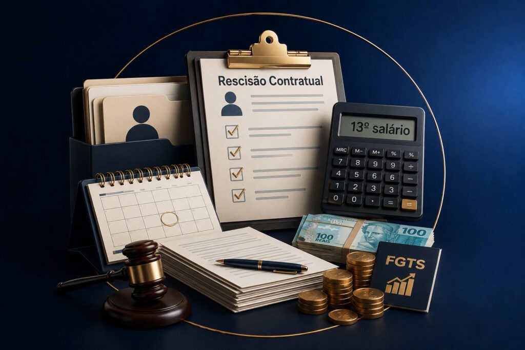 Imagem destacada da Calculadora de 13º salário e reflexos em FGTS do CALTRAB, com elementos visuais em 3D como prancheta de rescisão contratual, calendário, calculadora, moedas, cédulas e símbolo do FGTS.