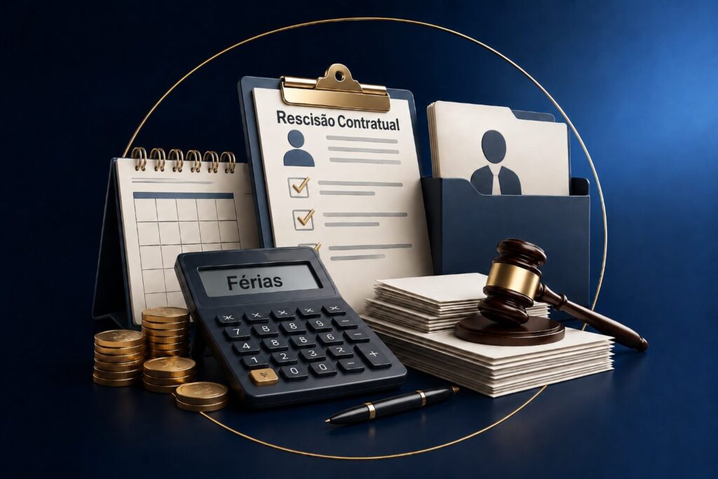 Imagem destacada da Calculadora de Férias Vencidas, em Dobro e Proporcionais, com ilustração 3D de calculadora com visor “Férias”, prancheta com “Rescisão Contratual”, calendário, documentos, moedas e martelo jurídico.