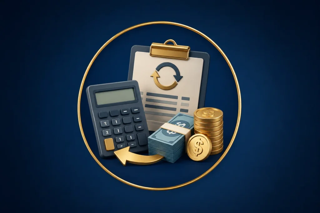 Ilustração 3D em fundo azul-marinho com gradiente. No centro, dentro de um aro dourado fino, aparecem uma calculadora, uma prancheta com símbolo de cálculo reverso, cédulas, moedas e uma seta dourada, representando a conversão do salário líquido em salário bruto. Imagem utilizada na Calculadora "Como Calcular o Salário Bruto a partir do Líquido – Cálculo Reverso" do CALTRAB.