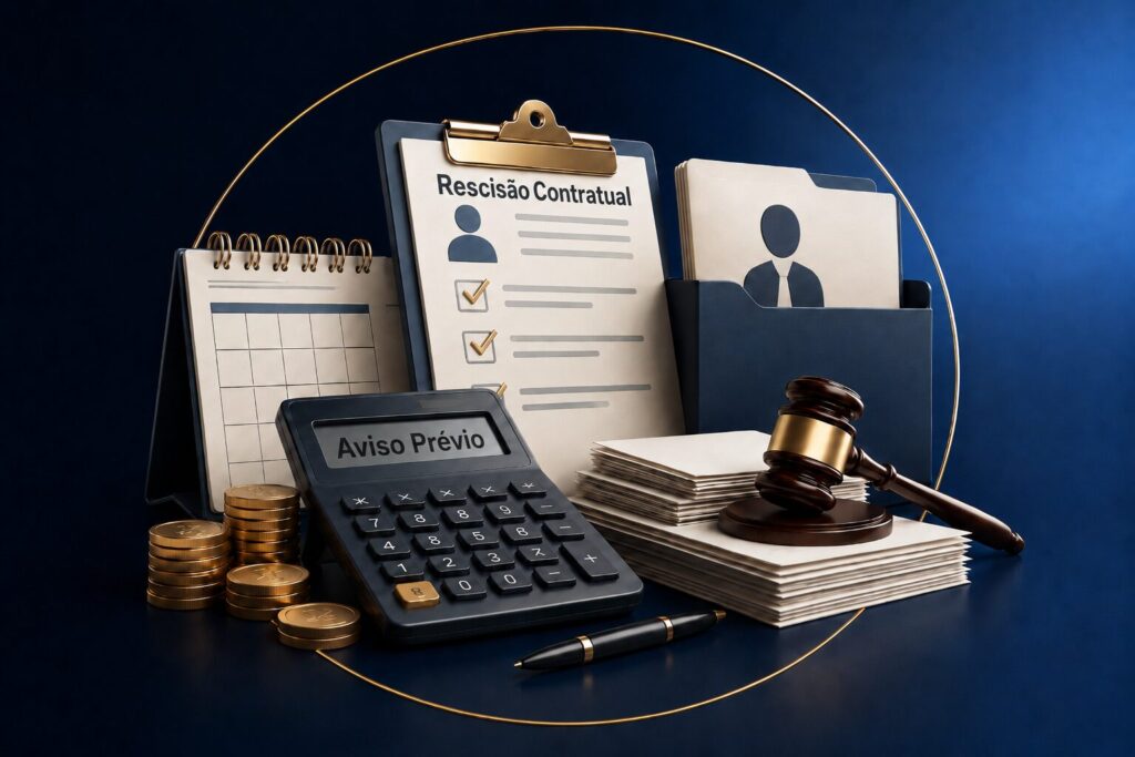 Imagem destacada da Calculadora de Saldo de Salário e Aviso Prévio, com ilustração 3D de calculadora com visor “Aviso Prévio”, prancheta com “Rescisão Contratual”, calendário, documentos, moedas, pasta funcional e martelo jurídico.