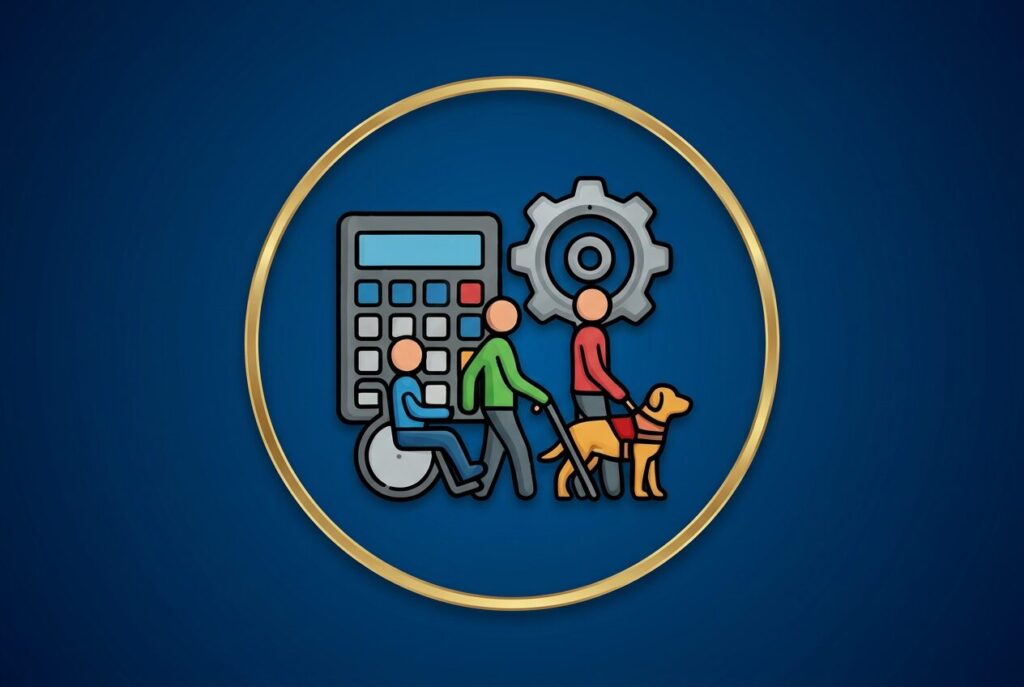 Ilustração da Calculadora de Cota de PCD e Reabilitados, com símbolo de cálculo, engrenagem, pessoa em cadeira de rodas, trabalhador em pé e pessoa com deficiência visual acompanhada de cão-guia.