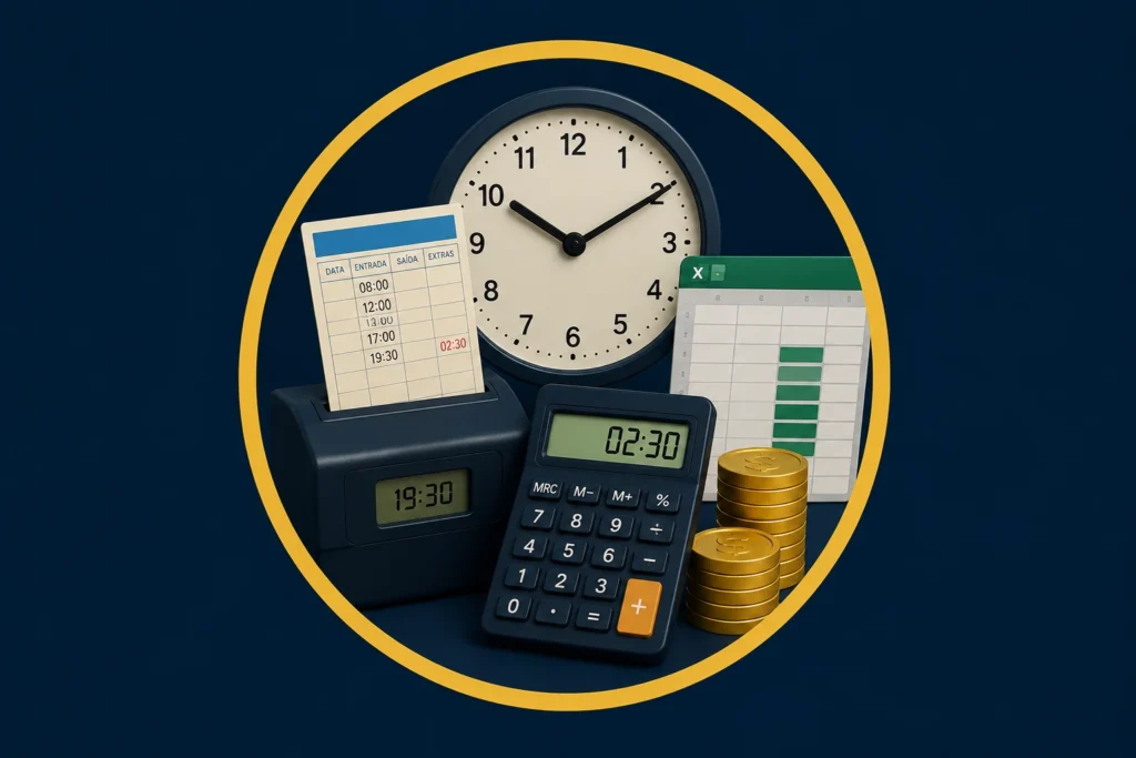 Calculadora de Horas Extras e Reflexos em DSR e, com esses, em Férias acrescidas do terço constitucional, 13º salário, aviso prévio e FGTS.