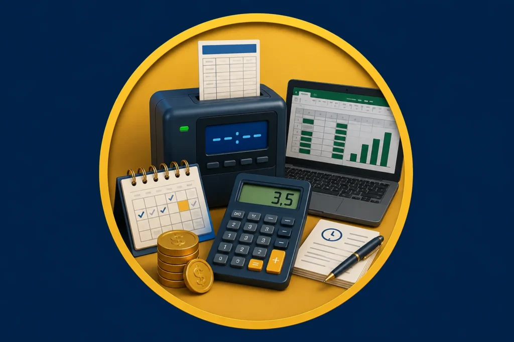 Ilustração 3D representando cálculo de horas extras trabalhistas. A imagem apresenta relógio de ponto eletrônico, calculadora com indicador de horas extras, planilha eletrônica, calendário e moedas, simbolizando o cálculo de jornada, apuração de horas extras e estimativa de valores trabalhistas.