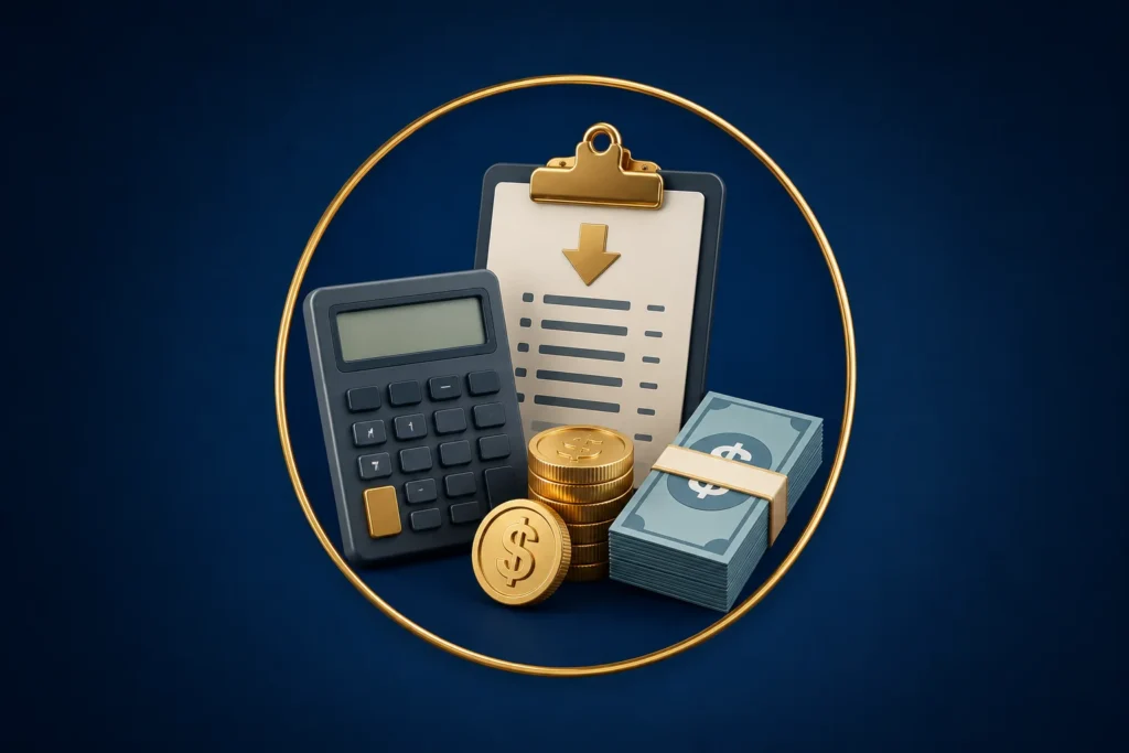 Ilustração 3D da Calculadora de Salário Líquido a partir do Salário Bruto. A imagem apresenta uma calculadora, uma folha de cálculo com seta indicando redução de valores, moedas e cédulas dentro de um aro dourado sobre fundo azul-marinho com gradiente. Representa os descontos legais que transformam o salário bruto em salário líquido.