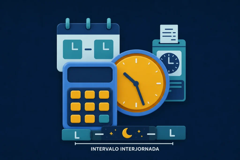 Ícone da Calculadora de Intervalo Interjornada, com relógio, calendário, controle de ponto e representação do descanso entre jornadas.
