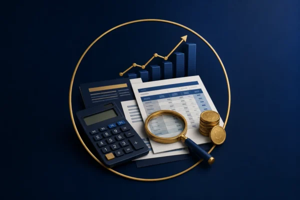 Ilustração 3D de calculadora, planilhas, gráfico, lupa e moedas representando a Tabela do IRRF 2026, série histórica e cálculo do Imposto de Renda Retido na Fonte.
