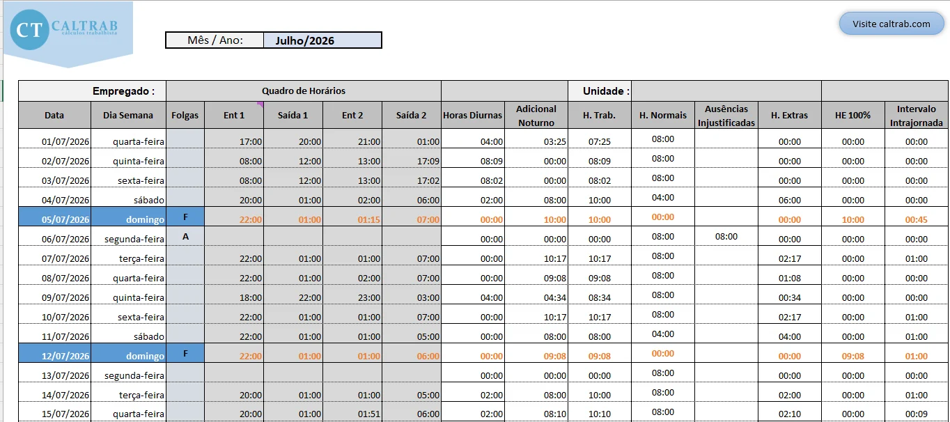 Planilha CALTRAB de Controle de Ponto V4.8 Planilha CALTRAB de controle de ponto com calendário automático, apuração de horas extras, adicional noturno e intervalo intrajornada