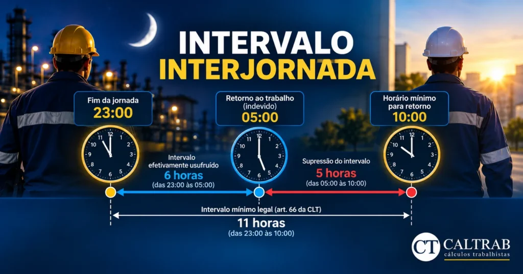 Exemplo de violação do intervalo interjornada: jornada termina às 23h e reinicia às 5h, com supressão de 5 horas do intervalo de 11 horas.