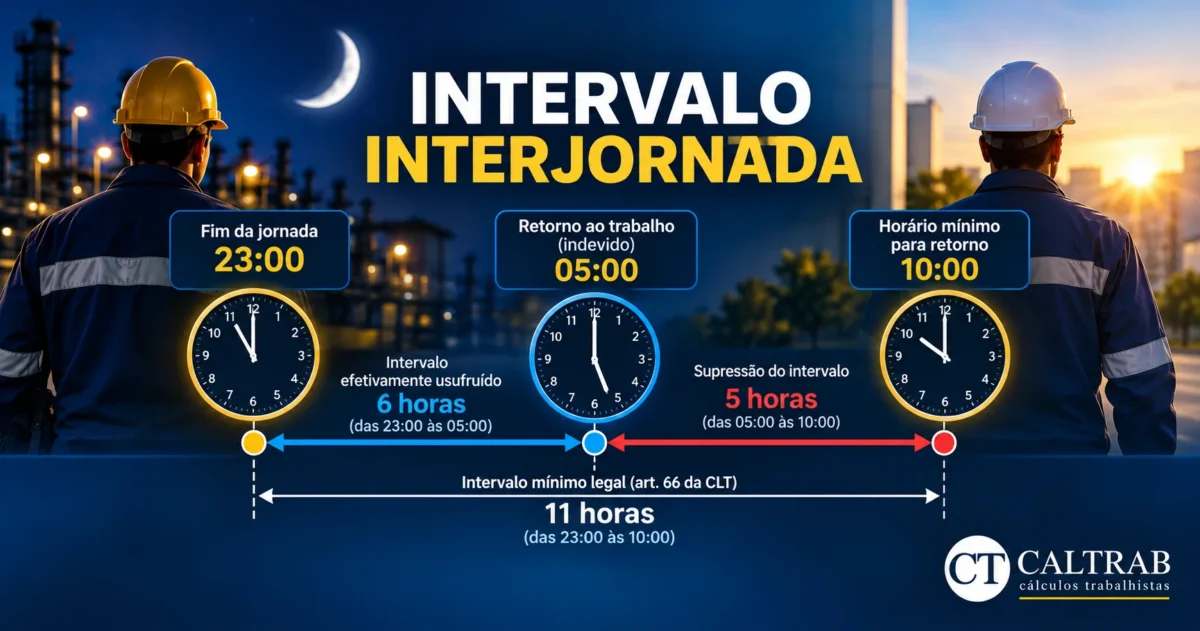 Exemplo de violação do intervalo interjornada: jornada termina às 23h e reinicia às 5h, com supressão de 5 horas do intervalo de 11 horas.